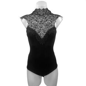 Kaitlyn Black Floral Lace Sleeveless High Neck Backless Bodysuit Tank Top Size S